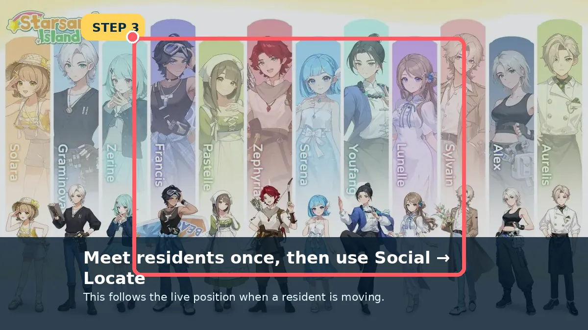 Use Social → Locate for moving residents